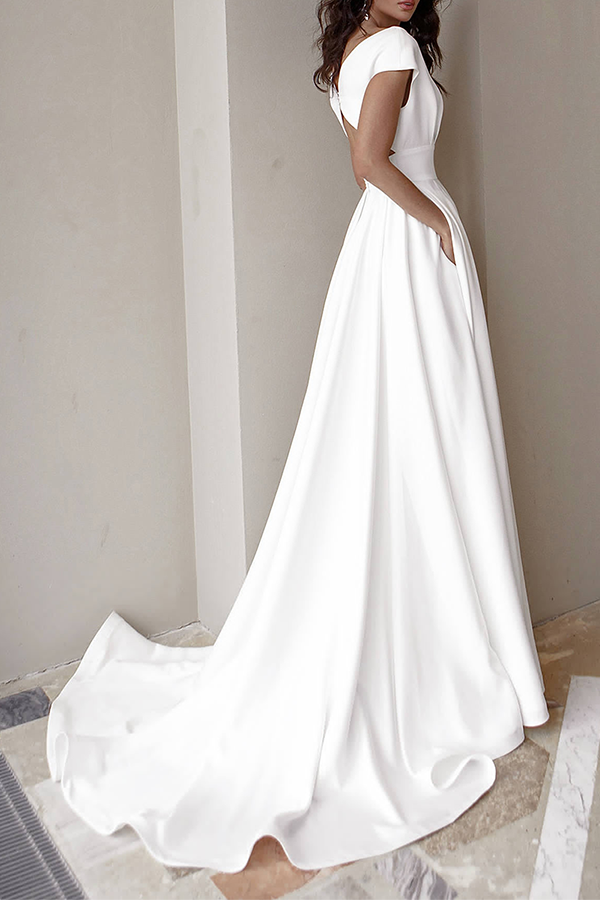 Elegant Solid Slit Fold V Neck Evening Dress Dresses - View 3 | VelvetHem