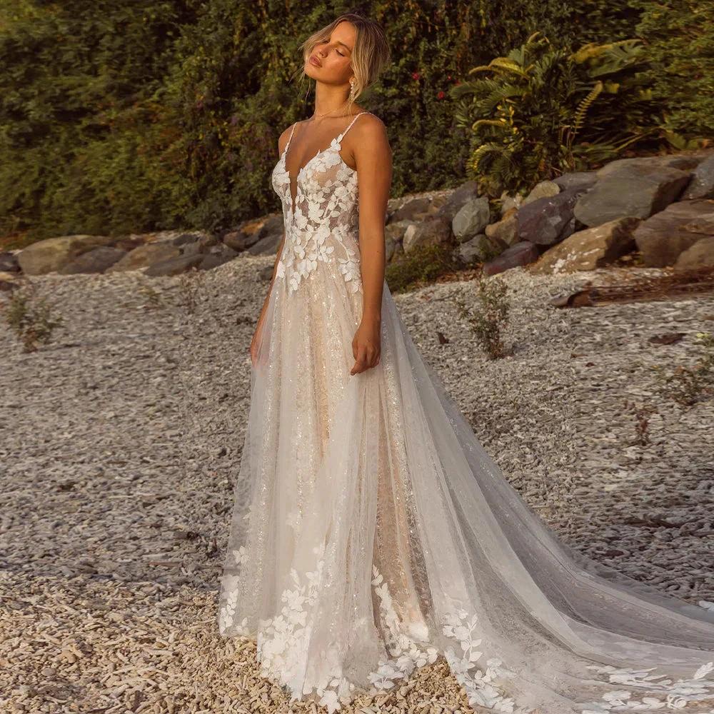 Boho Lace Wedding Dress Spaghetti Straps Deep V-Neck A-Line Bridal Gown with 3D Floral Appliqu�s - View 2 | VelvetHem