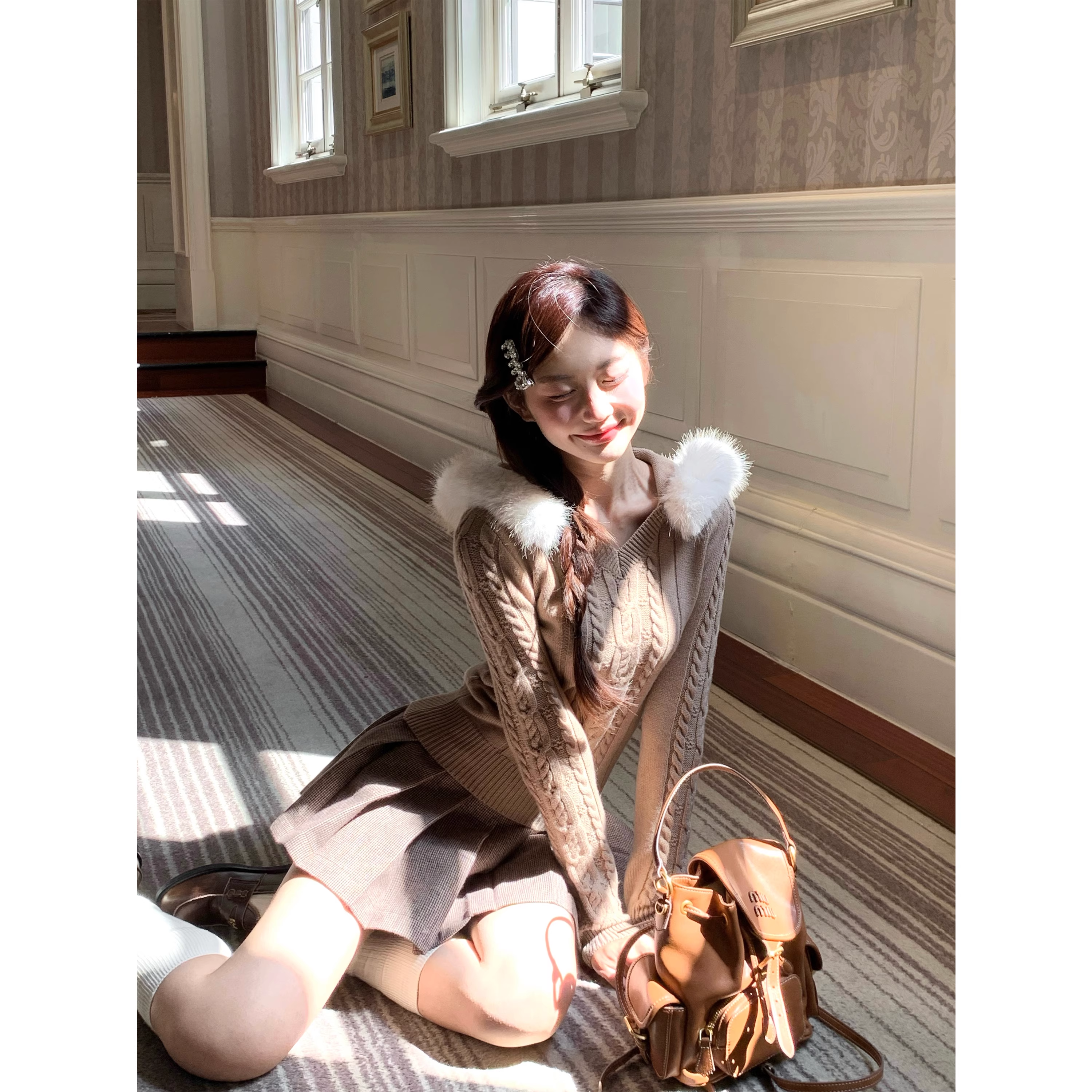 Brown hooded cable knit sweater with fur collar for young girls A156 - VelvetHem