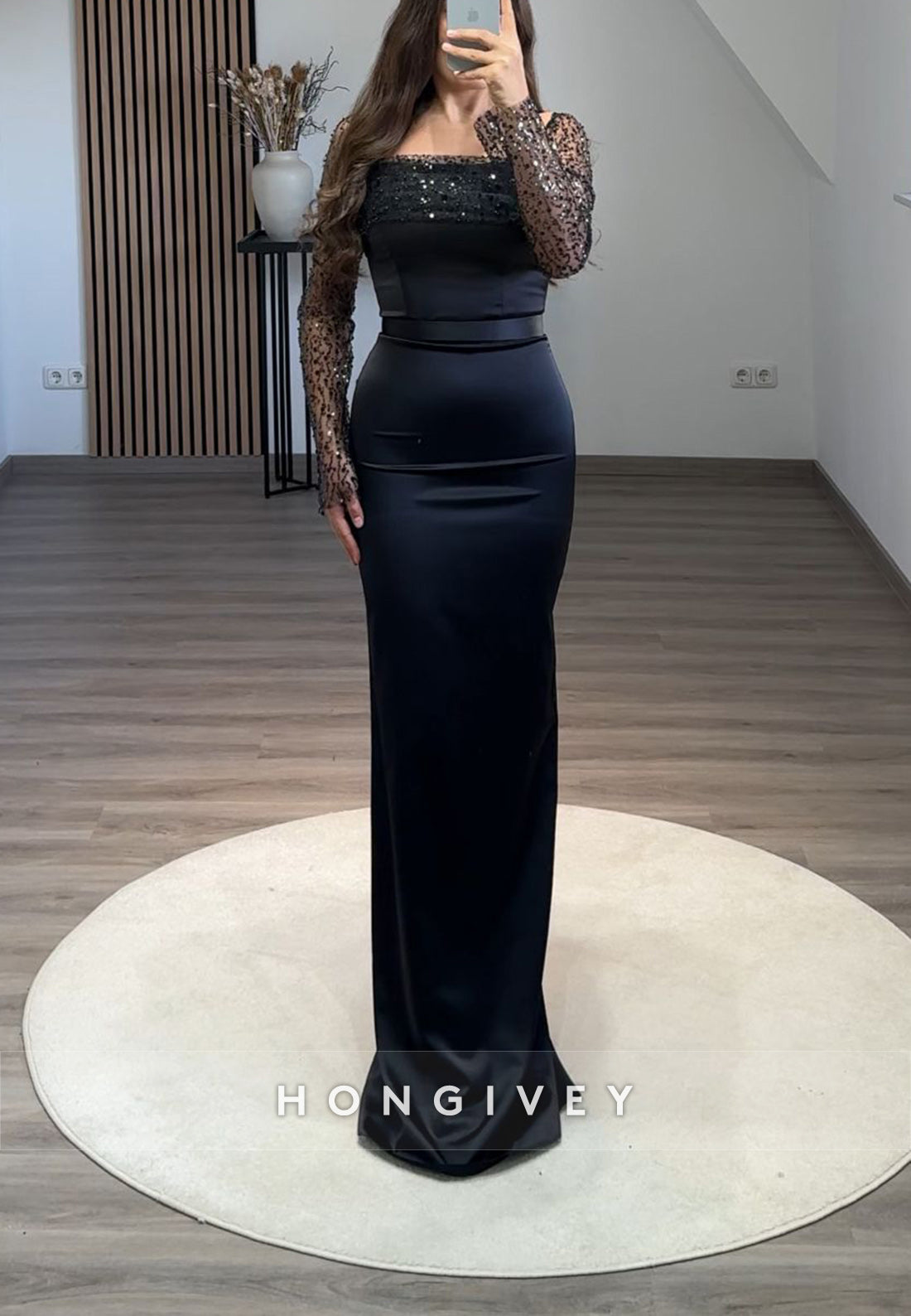 Formal Long Sleeve Sheath Floor-Length Square Appliqued Pleated Evening Gown
