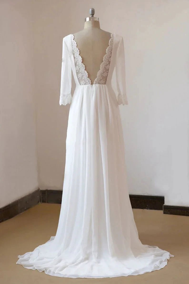 Beach Long A-line Chiffon Backless Wedding Dress with Sleeves (ZD15860)