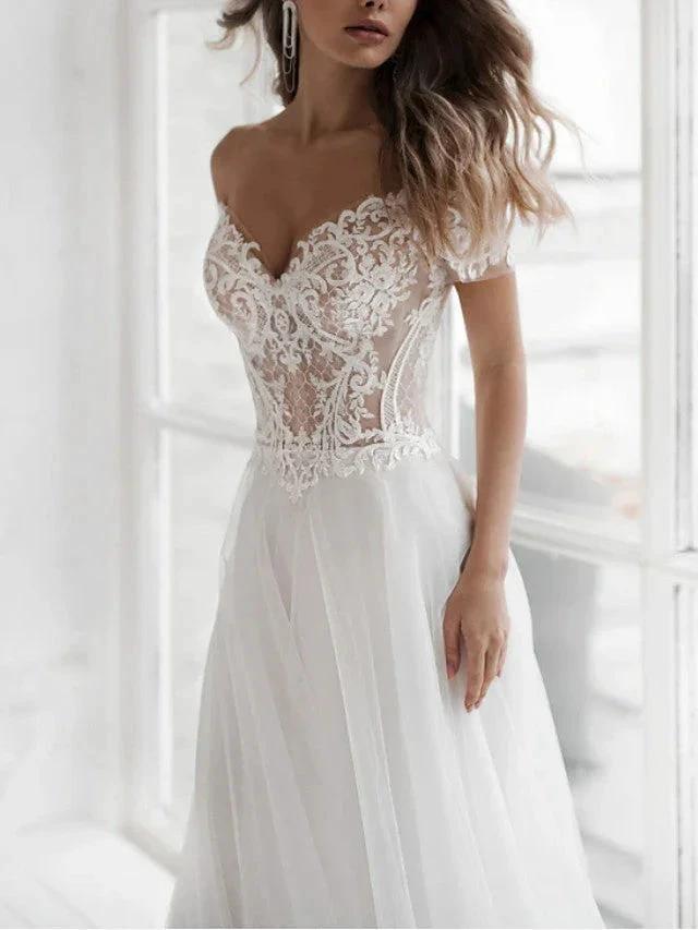 Beach Long A-Line Off the Shoulder Lace Tulle Wedding Dresses (ZD15947)