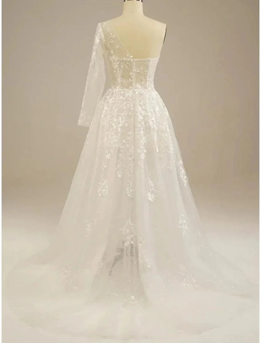 Beach Sexy Boho Wedding Dresses A-Line One Shoulder Long Sleeve Sweep / Brush Train Lace Bridal Gowns With Split Front