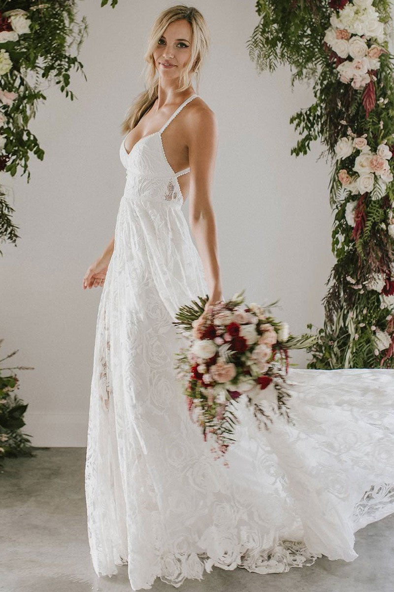 Beach Wedding Dress With Chapel Train White Chic V-Neck Sleeveless Sexy Backless Lace Split Long Bridal Gowns