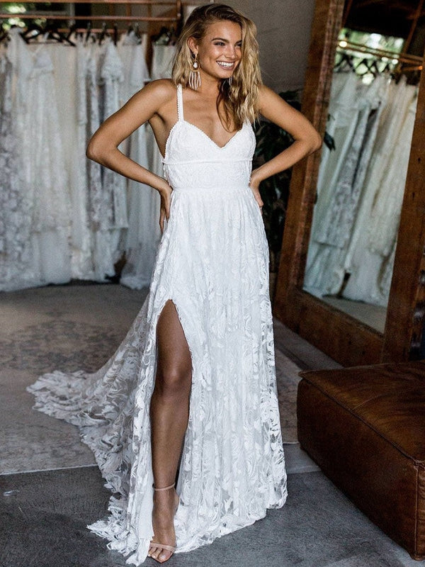 Vintage Floral Lace V-Neck Crisscross Back High Split Wedding Dress