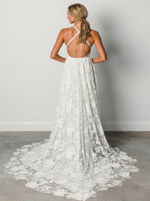 Vintage Floral Lace V-Neck Crisscross Back High Split Wedding Dress