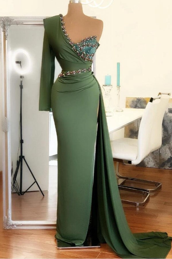 Beaded Green Long Prom Dress One-Shoulder With Long Sleeve On One Side