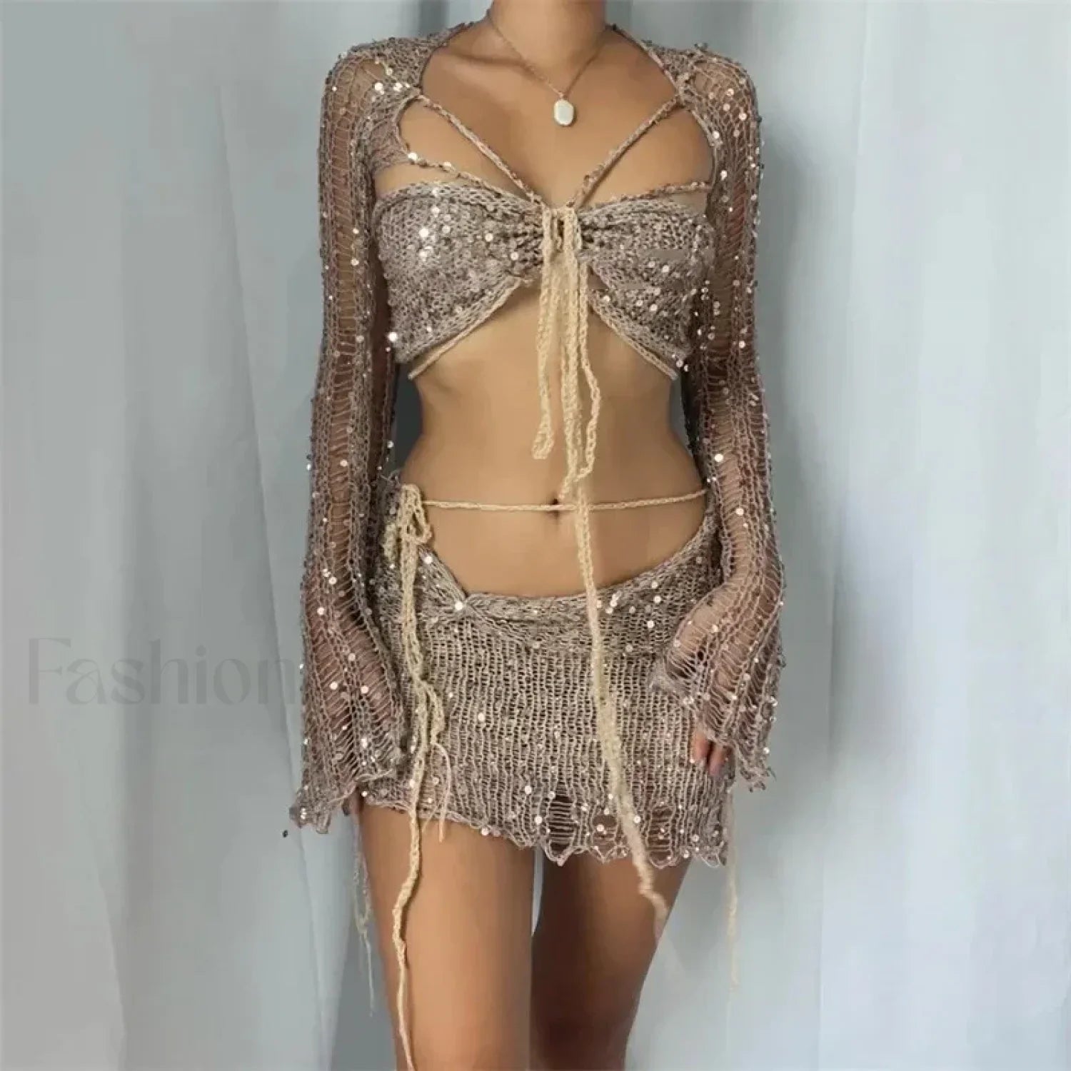 Beaded Knit Set Mini Dress khaki / S