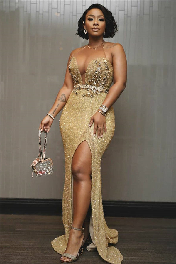 Beading Mermaid V-Neck Evening Dresses Chic Side Slit Prom Dresses