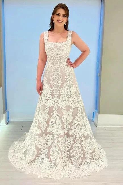 Beautiful A-Line Lace Square Sleeveless Ivory Long Wedding Dress With Appliques (ZD16638)