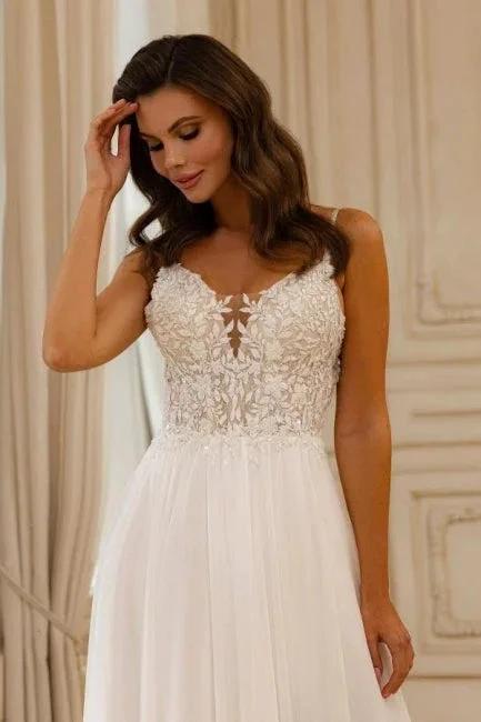 Beautiful A-Line Lace V-Neck Sleeveless White Wedding Dress With Appliques (ZD16670)