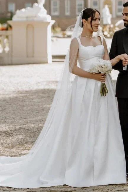 Beautiful A-Line Satin Off-The-Shoulder Sleeveless White Wedding Dresses With Split Front (ZD15524)