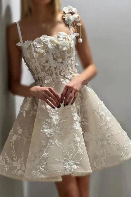 Beautiful A-Line Tulle Lace Spaghetti Straps Sleeveless Ivory Short Wedding Dress With Appliques (ZD16650)