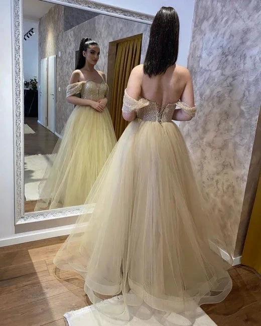 Beautiful A-line Tulle Off-the-shoulder Wedding Dresses (ZD14689)