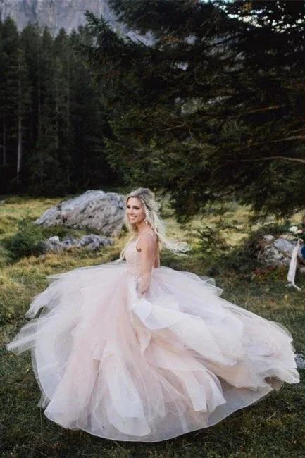 Beautiful A-line V-neck Backless Tulle Sleeveless Wedding Dresses (ZD16510)