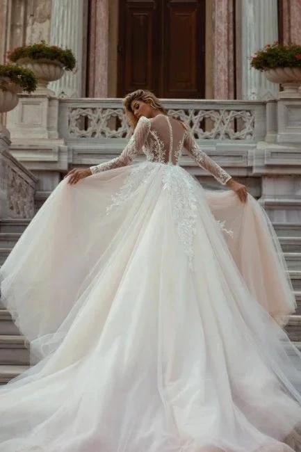 Beautiful A-Line V-neck Lace Long Sleeves Mermaid Wedding Dresses With Detachable Train (ZD14965)