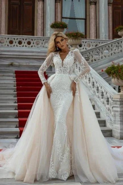 Beautiful A-Line V-neck Lace Long Sleeves Mermaid Wedding Dresses With Detachable Train (ZD14965)