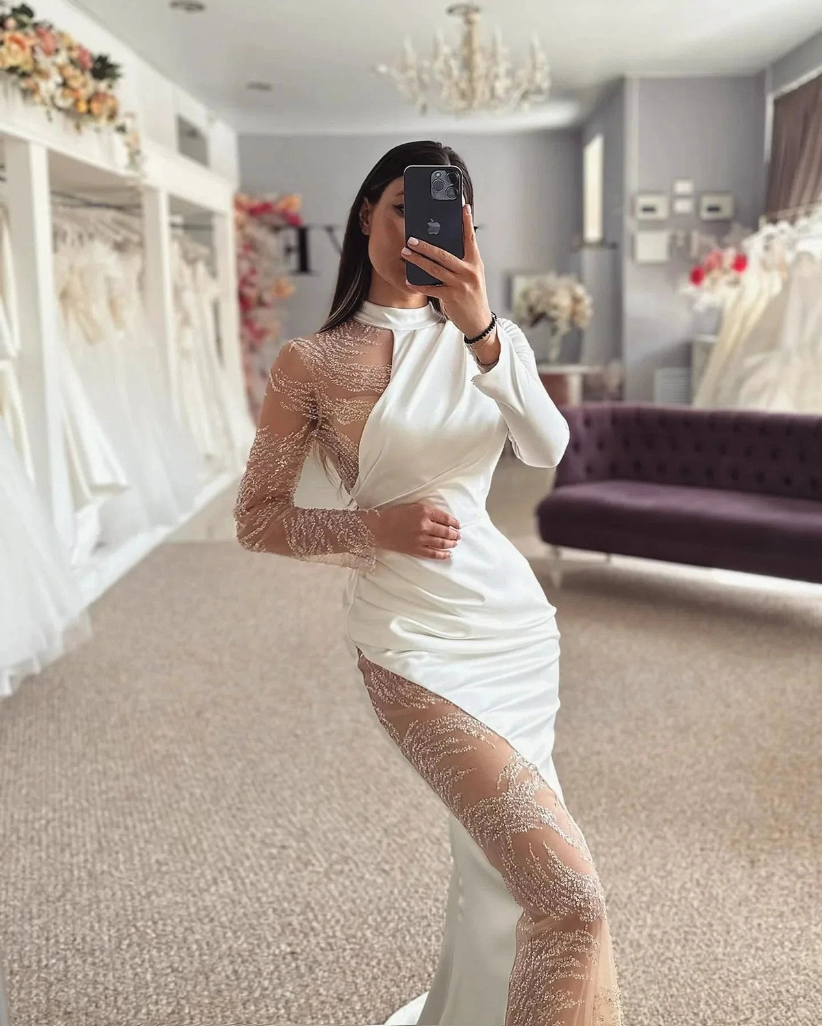 Beautiful Column Satin Lace Halter Long Sleeve Wedding Dress With Appliques (ZD15534)
