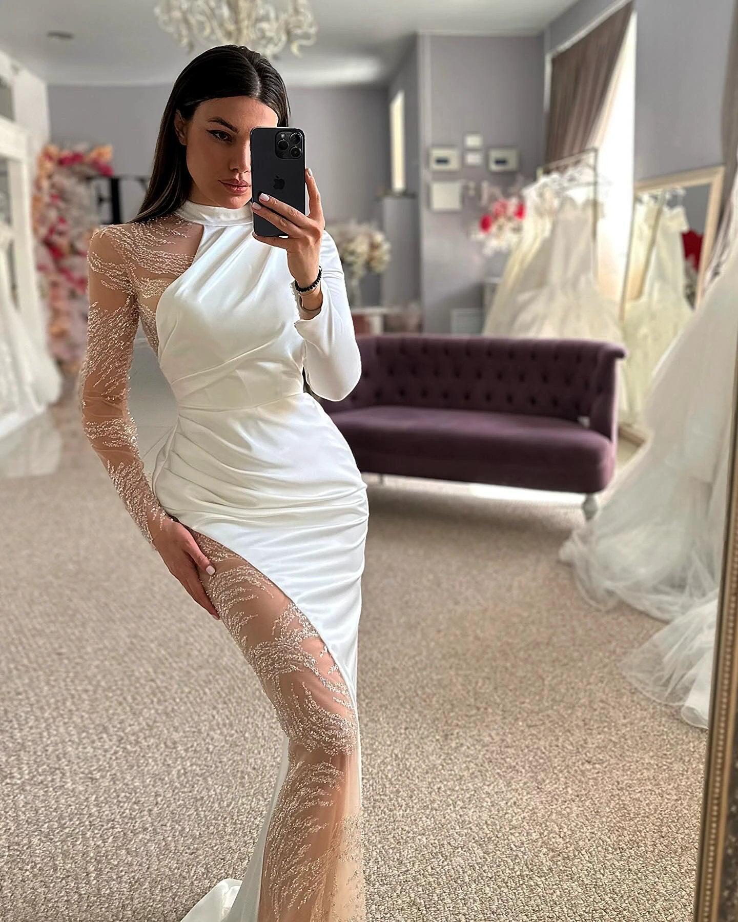 Beautiful Column Satin Lace Halter Long Sleeve Wedding Dress With Appliques (ZD15534)