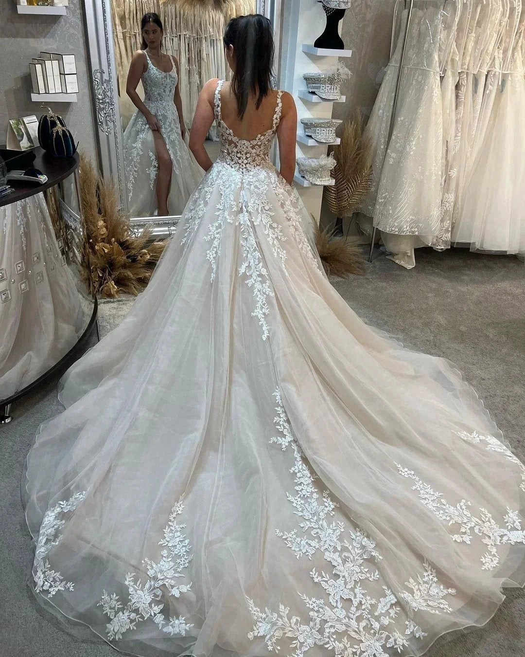 Beautiful Floor Length Sleeveless Straps A-Line Lace Wedding Dress with Split (ZD15763)
