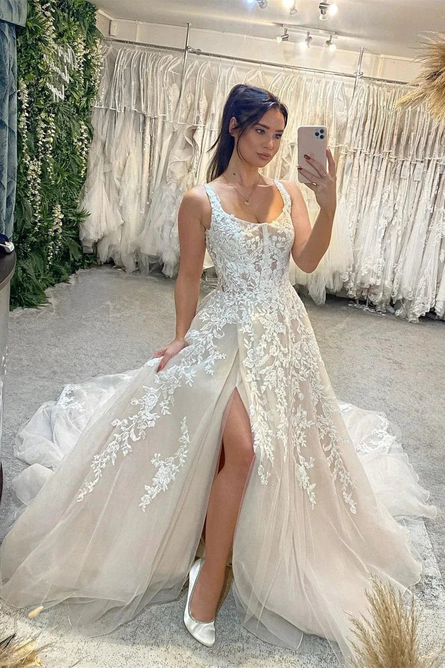 Beautiful Floor Length Sleeveless Straps A-Line Lace Wedding Dress with Split (ZD15763)