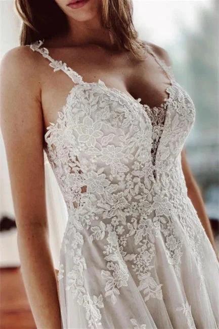 Beautiful Ivory A-Line Lace Wedding Dresses With Slit (ZD14637)