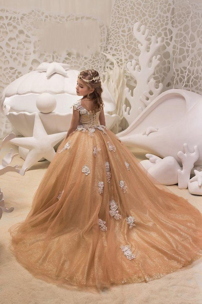 Beautiful Long A-line Bateau Appliques Lace Sequins Tulle Train Flower Girl Dress - View 2 | VelvetHem