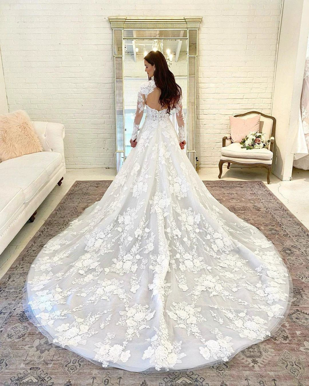 Beautiful Long A-line High Neck Lace Open Back Wedding Dress with Sleeves (ZD14292)