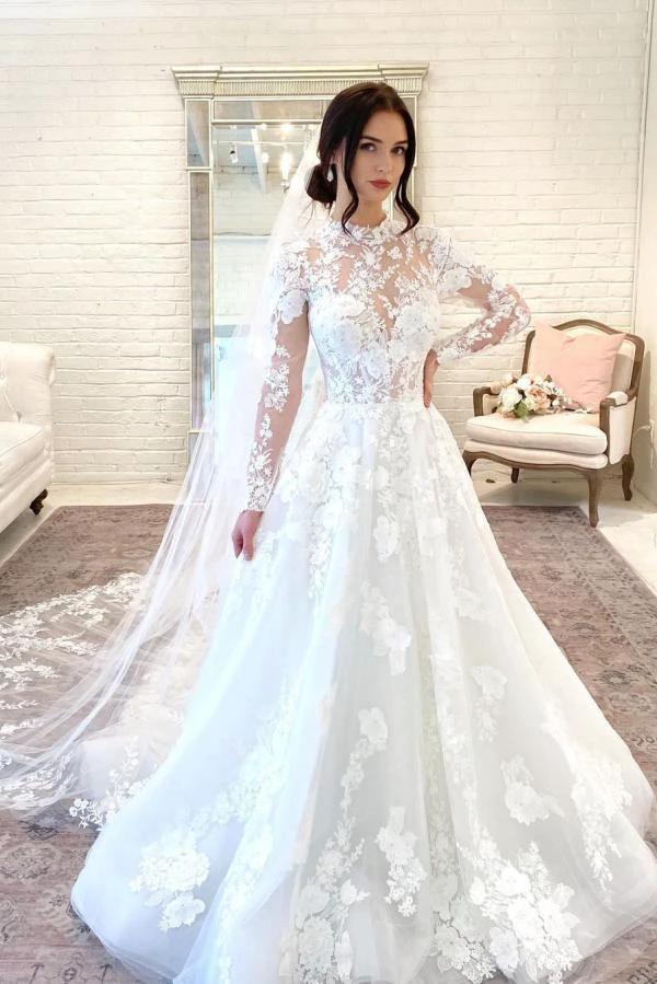 Beautiful Long A-line High Neck Lace Open Back Wedding Dress with Sleeves (ZD14292)