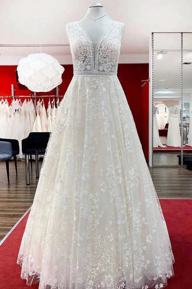 Beautiful Long A-Line Lace Appliques Tulle Open Back Wedding Dresses (ZD15264)