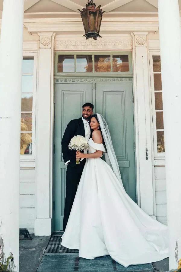 Beautiful Long A-line Off the Shoulder Satin Wedding Dresses (ZD16727)