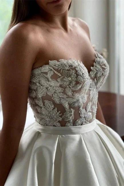 Beautiful Long A-Line Satin Beading Sleeveless Wedding Dresses With Lace (ZD14916)