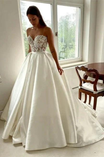 Beautiful Long A-Line Satin Beading Sleeveless Wedding Dresses With Lace (ZD14916)