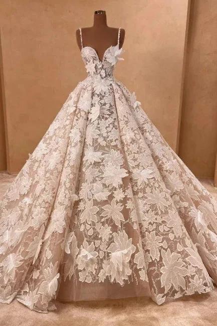 Beautiful Long A-line Spaghetti Straps Lace Appliques Sleeveless Wedding Dresses (ZD16664)