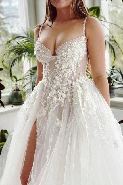 Beautiful Long A-line Spaghetti Straps Tulle Lace Wedding Dress With Slit (ZD15568)