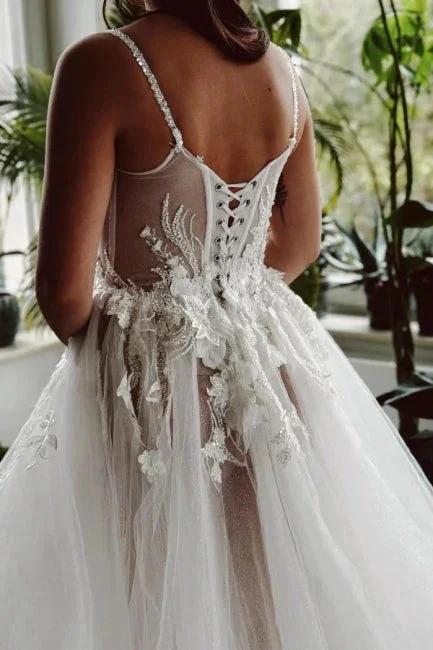 Beautiful Long A-line Spaghetti Straps Tulle Lace Wedding Dress With Slit (ZD15568)