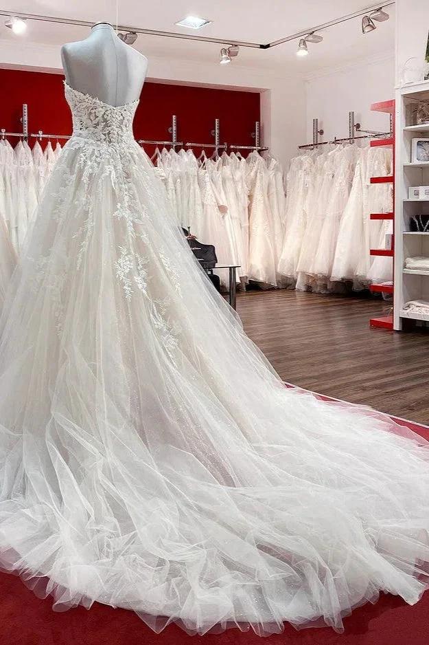 Beautiful Long A-line Strapless Tulle Ivory Wedding Dress with Appliques Lace (ZD14273)