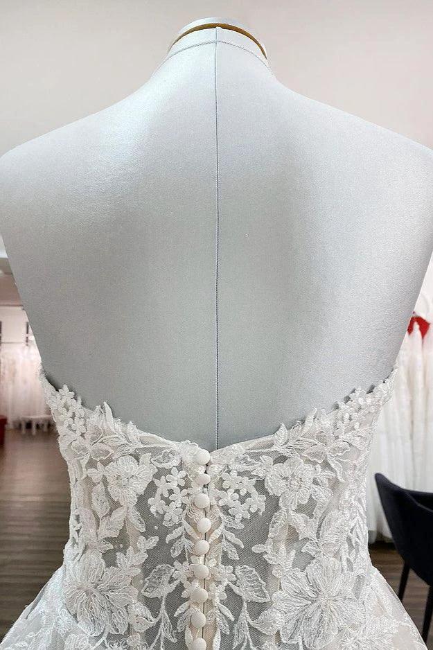 Beautiful Long A-line Strapless Tulle Ivory Wedding Dress with Appliques Lace (ZD14273)
