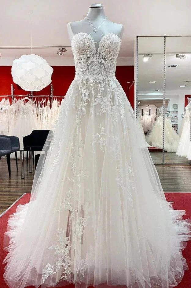 Beautiful Long A-line Strapless Tulle Ivory Wedding Dress with Appliques Lace (ZD14273)