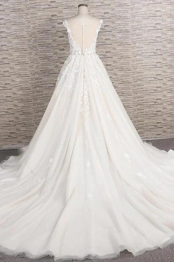 Beautiful Long A-line Tulle Lace Appliques Backless Wedding Dress (ZD14422)