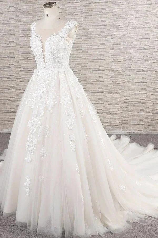 Beautiful Long A-line Tulle Lace Appliques Backless Wedding Dress (ZD14422)