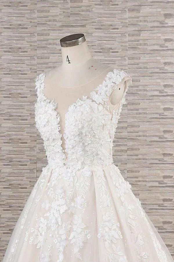 Beautiful Long A-line Tulle Lace Appliques Backless Wedding Dress (ZD14422)