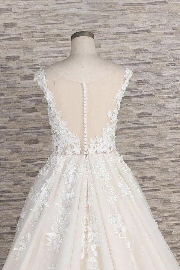 Beautiful Long A-line Tulle Lace Appliques Backless Wedding Dress (ZD14422)