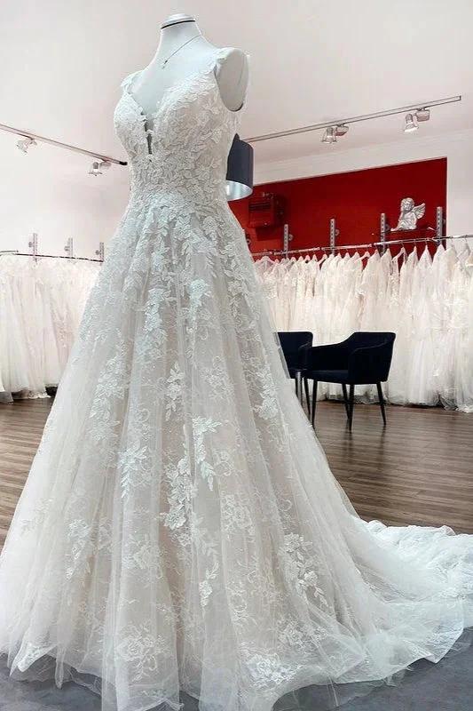 Beautiful Long A-line Tulle Lace V Neck Open Back Wedding Dresses (ZD15179)