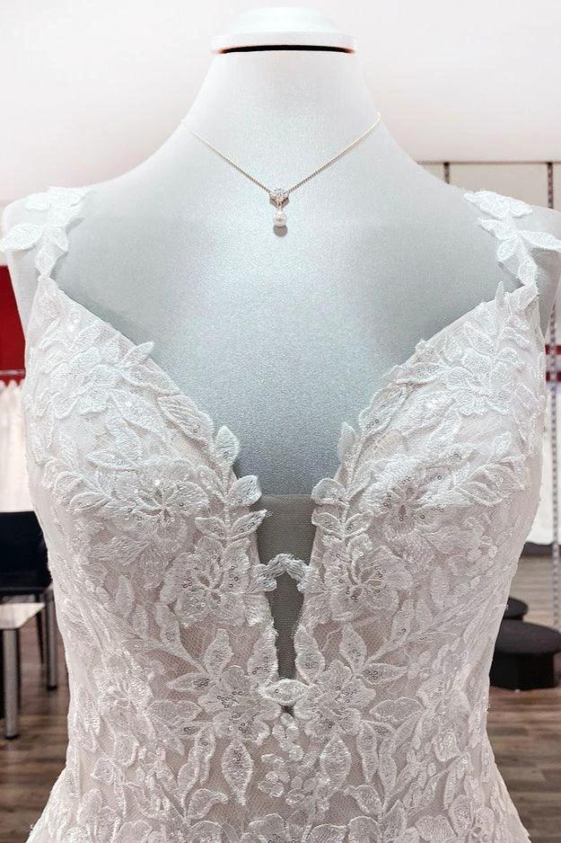 Beautiful Long A-line Tulle Lace V Neck Open Back Wedding Dresses (ZD15179)
