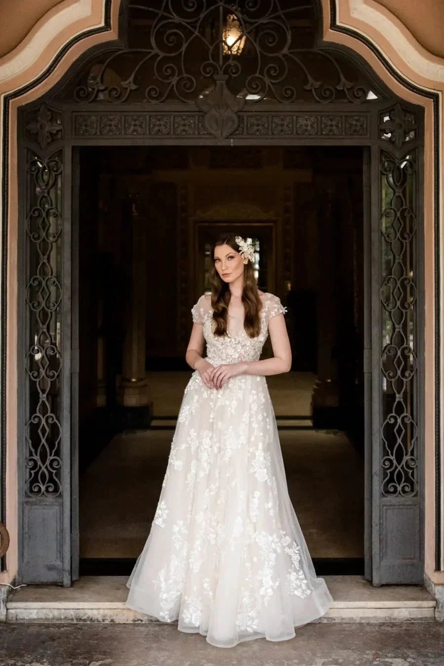 Beautiful Long A-line V-neck Lace Wedding Dresses With Cap Sleeves (ZD14828)