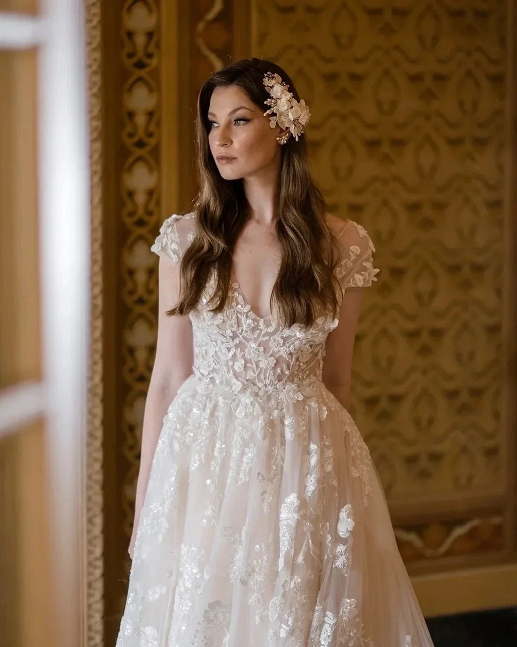 Beautiful Long A-line V-neck Lace Wedding Dresses With Cap Sleeves (ZD14828)