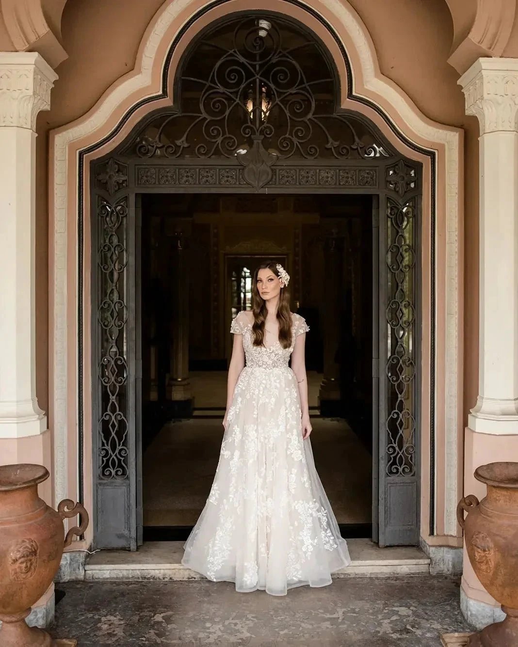 Beautiful Long A-line V-neck Lace Wedding Dresses With Cap Sleeves (ZD14828) - View 6 | VelvetHem