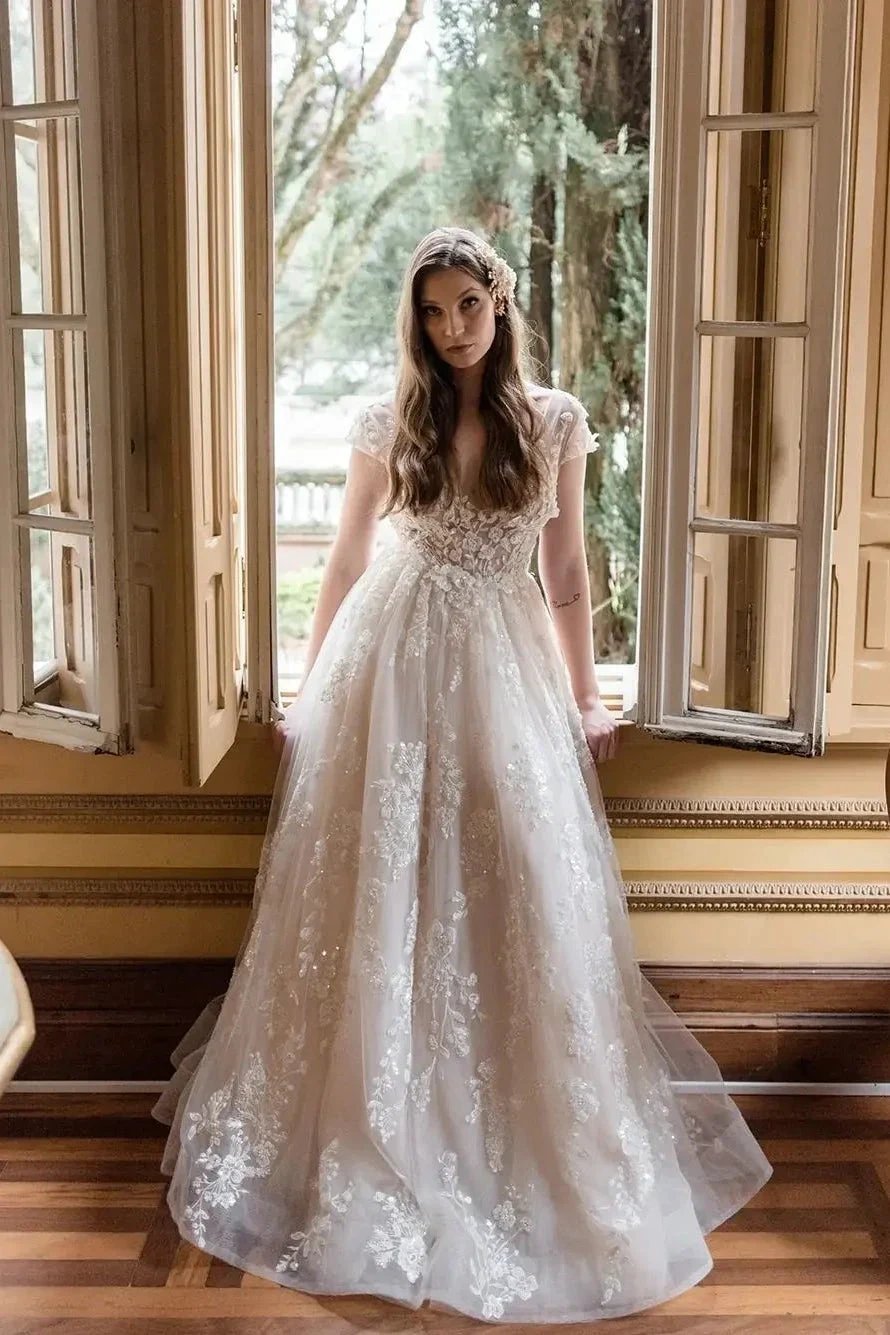 Beautiful Long A-line V-neck Lace Wedding Dresses With Cap Sleeves (ZD14828)