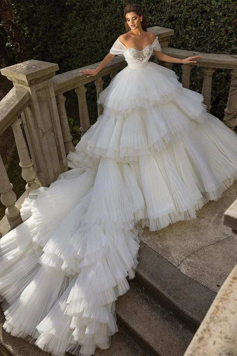 Beautiful Long Ball Gown Ruched Portrait Cathedral Wedding Dresses With Beading (ZD14946)